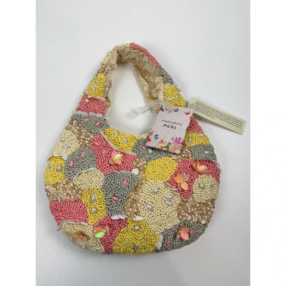 NWT Handcrafted India Beaded Hobo Bag Pastel Sequin Pearl Embellished New